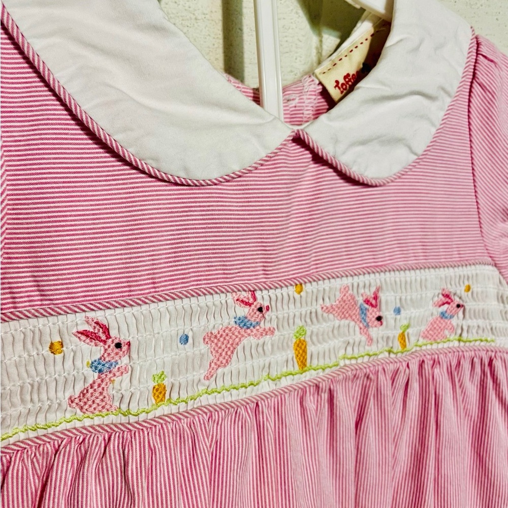 Pink Striped Dress with Bunny Embroidery